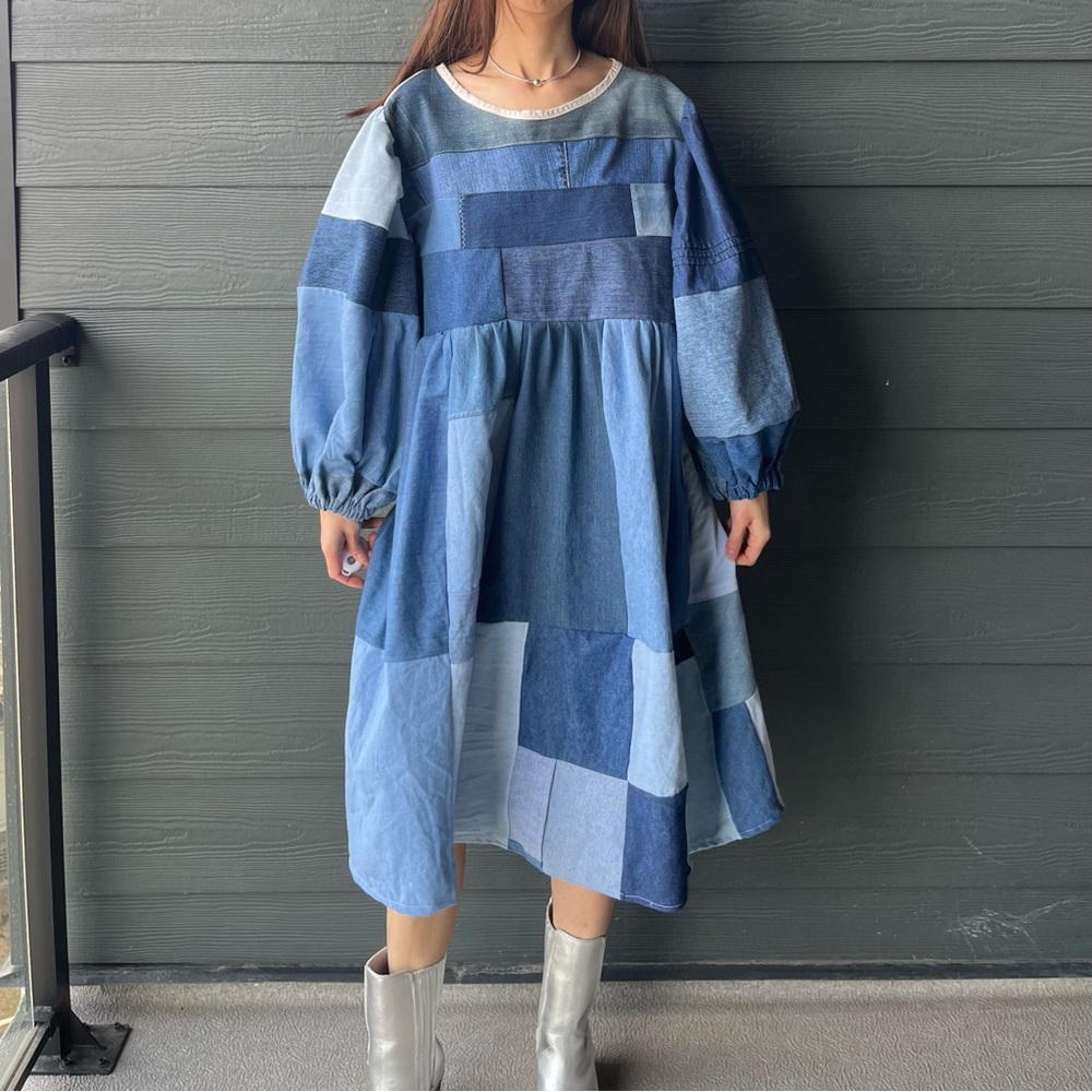 Handmade Denim Patchwork Quilted Puff Sleeves Cottage Dress SKU 04117 - Picture 12 of 16